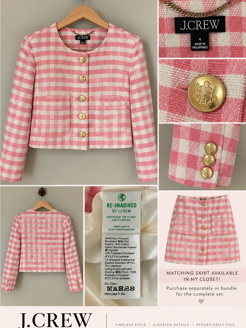 J.Crew Pink & White Gingham Tweed Cropped Jacket Gold Buttons Size 4